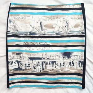 Worth Nautical Ships Sailing Writing Pencil Skirt 8 Striped Black Ivory Blue